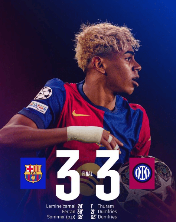 欧冠巴萨3比3国米，进球大战暴露防守不足，次回合考验应变